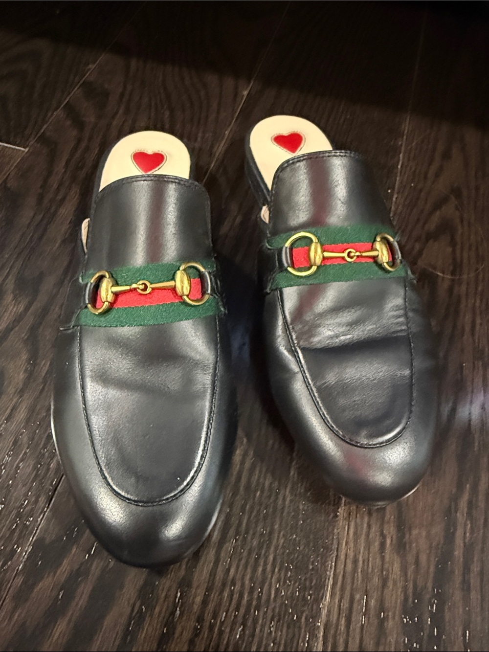 Gucci Black Leather Backless Slippers with Green and Red Web and Gold Horsebit